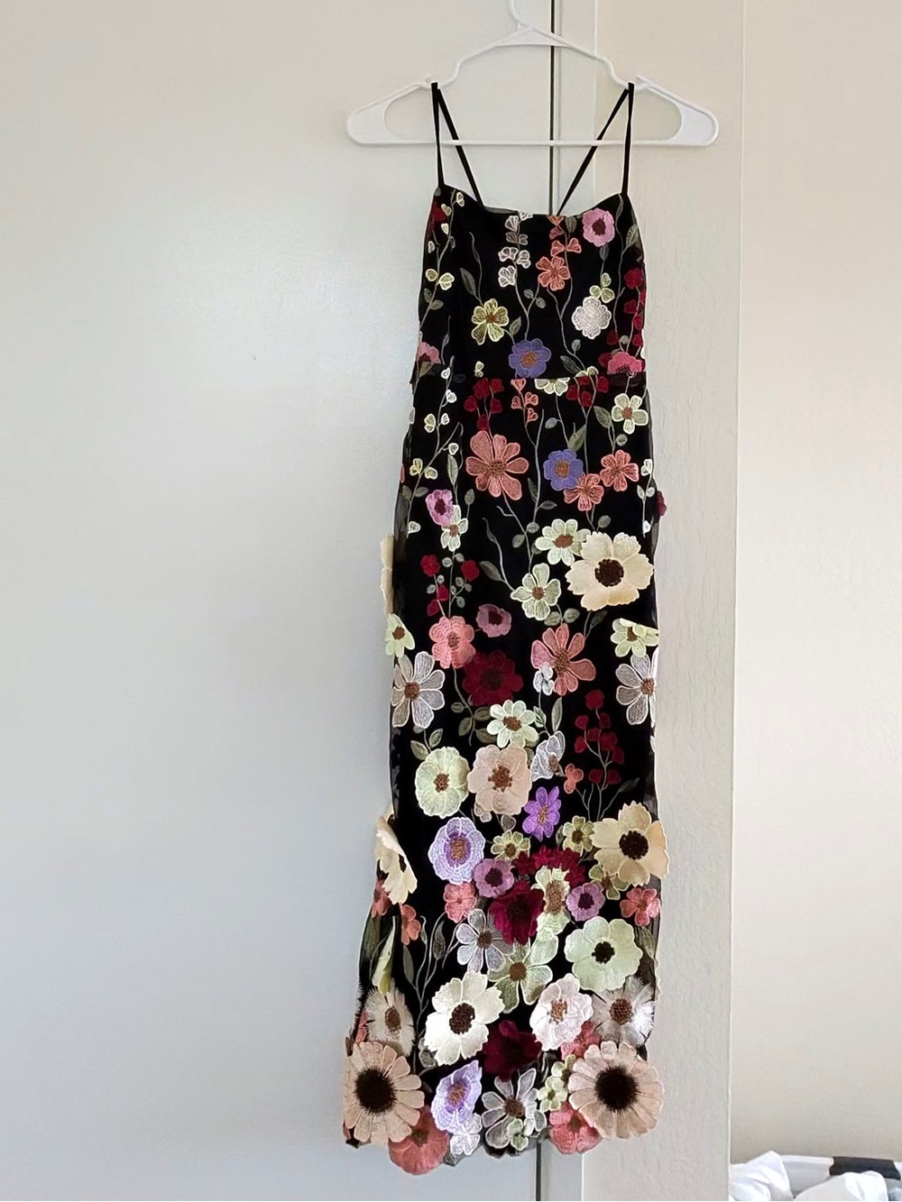 Lulu's Black Floral Embroidered Spaghetti-Strap Dress with Multi-Color Blooms